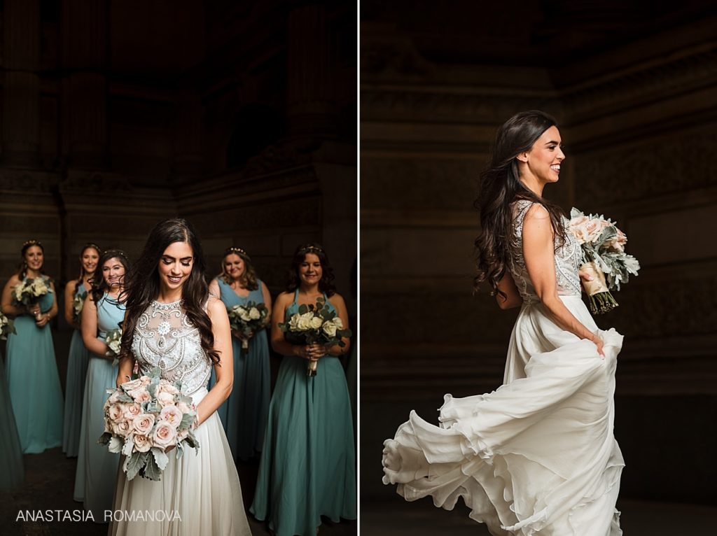 Bride surrounded by her bridesmaids at Philadelphia City Hall