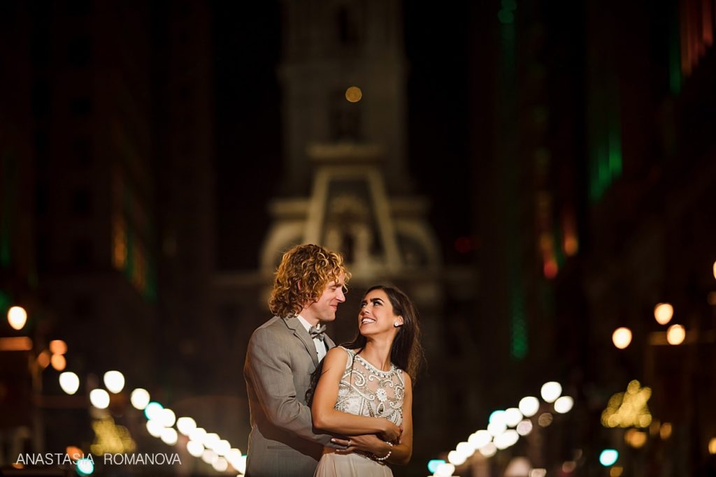 Philadelphia wedding nighttime Broad Street photo of the bride and groom