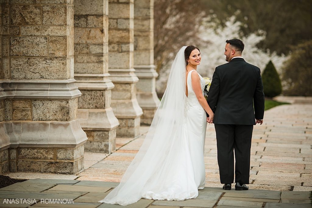 Photo of the bride and groom near the Bryn Athyn Cathedral