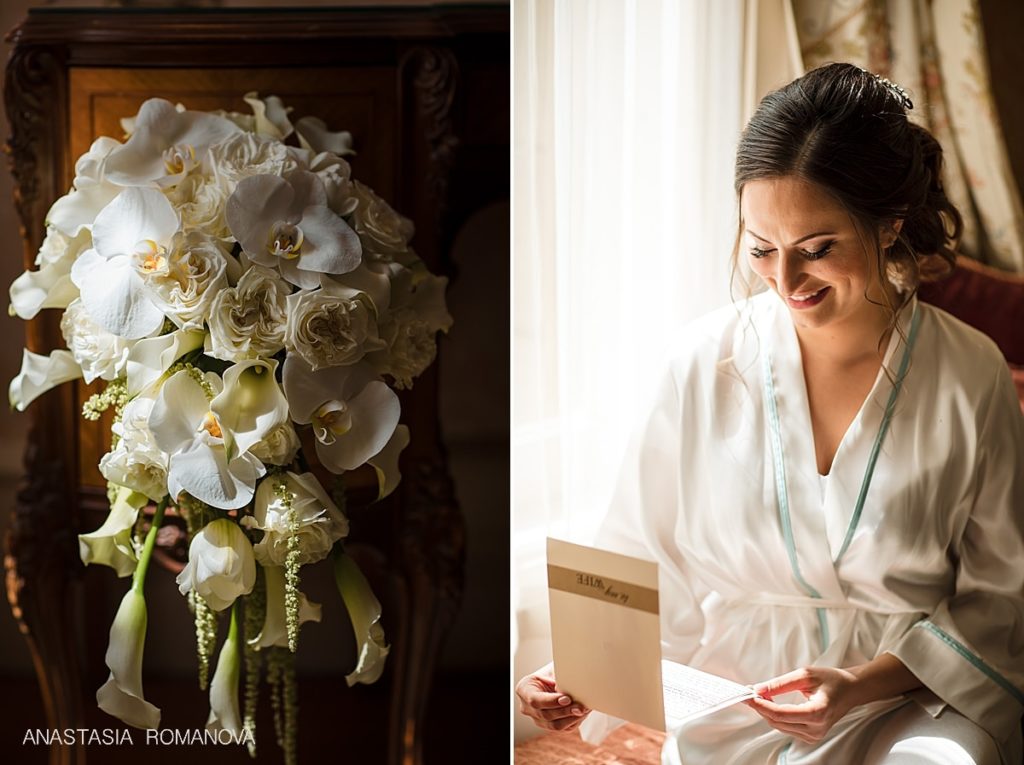 Bride reading a letter from her groom at Cairnwood Estate bridal suite