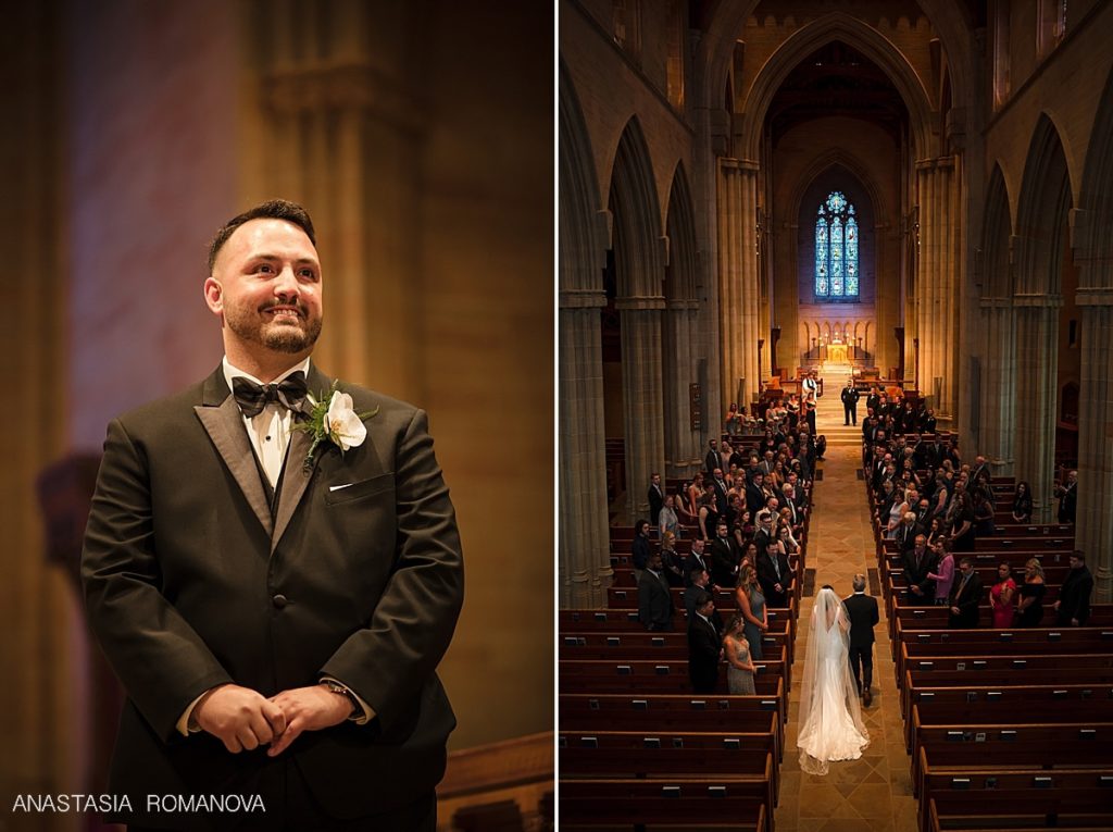 Groom is seeing the bride for the first time at Bryn Athyn Cathedral