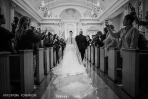 St Monica Church Philadelphia wedding ceremony bride walking down the aisle