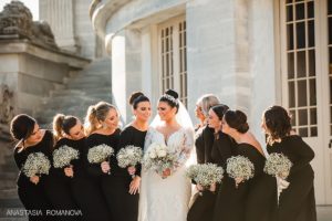 Bridesmaids black dresses with open back winter Philadelphia wedding