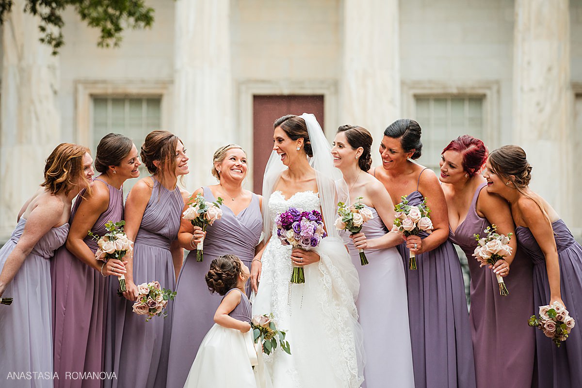 Bridesmaids lilac and purple dresses at 2nd National Bank wedding in Philadelphia