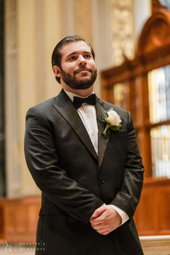 Grooms reaction seeing the bride walking down the aisle at Cathedral Basilica of Saint Peter and Paul