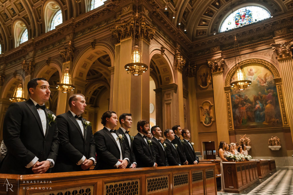Bridal Party watching the wedding ceremony at Cathedral Basilica in Philadelphia