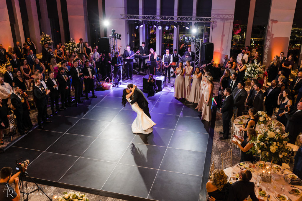 Wide angle arial view of the first dance at wedding reception at Vue on 50 in Philadelphia