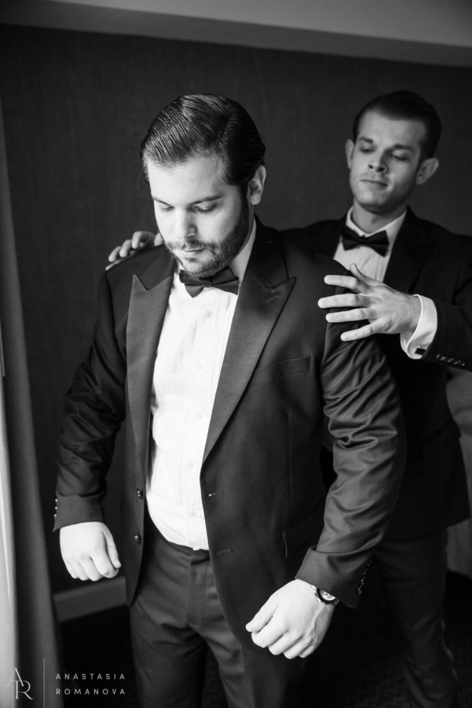Groom getting ready with his bestman at Logan Hotel in Philadelphia